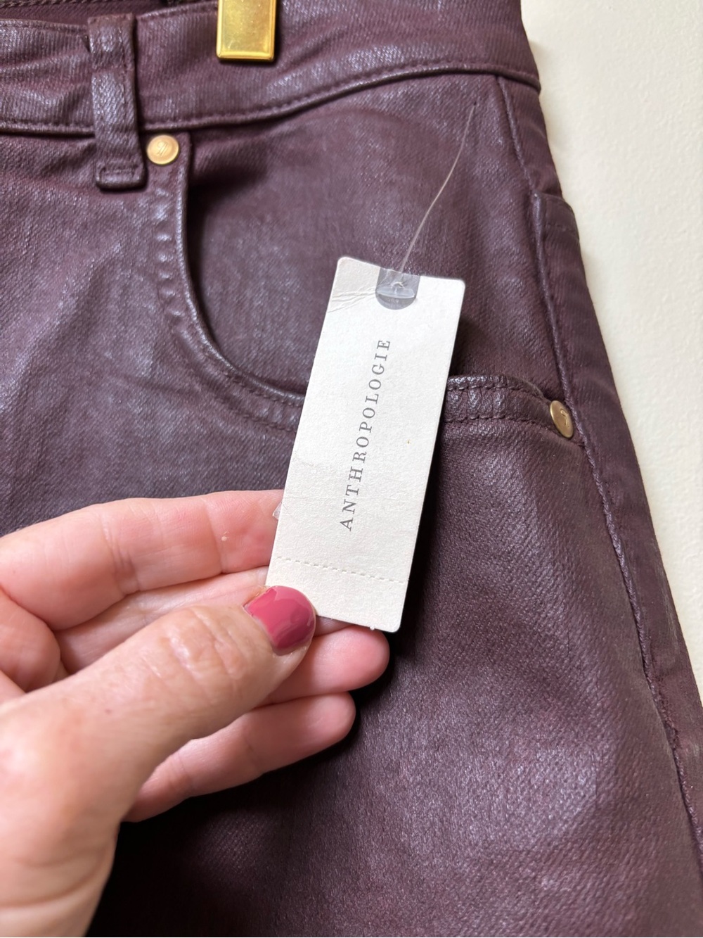 Anthropologie Pilcro Madi Front Slit Coated Denim Skirt Burgundy 14 NWT - Picture 11 of 15